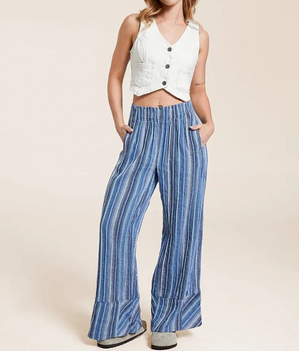 Free People Day's End Cotton Pull-On Pants Striped Wide Leg Large Blue